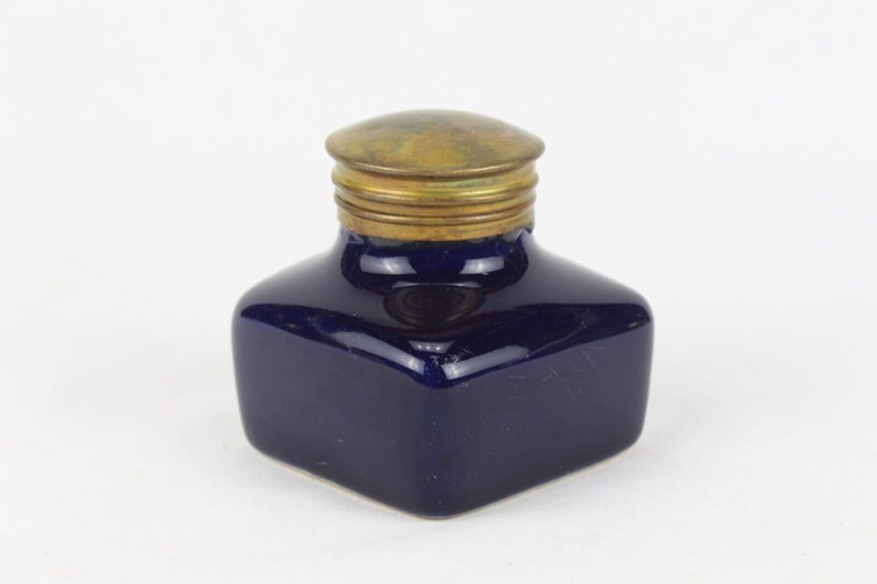 Antique Ceramic Inkwell: Handmade Dark Blue Indian Design, Brass Cap ...