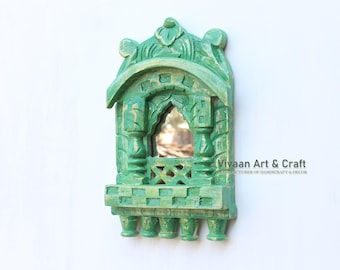 Wooden Carving Jharokha Rajasthani Style Hand-Carved Wooden Jharokha Small Wall Decor Wall Mounted | Indian Wall Frame Small - Green