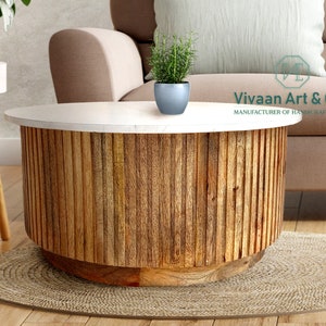 Unique Round Coffee Table: Hand-Carved Vertical Stripes, Natural Wood Finish (Solid Wood, Indian Craftsmanship)