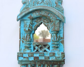 Wooden Carving Jharokha Rajasthani Style Hand-Carved Wooden Jharokha Small Wall Decor Wall Mounted | Indian Wall Frame Small - Blue