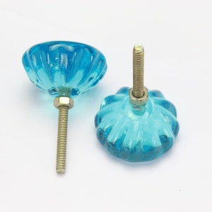 May include: Two blue glass cabinet knobs with a fluted design and a gold screw.