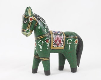 Hand-Carved Green Wooden Horse Figurine: Indian Folk Art Decor