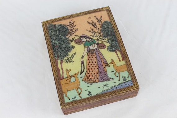 裏側ガラス絵蓋付きヴィンテージインド木製小物入れ - Etsy 日本