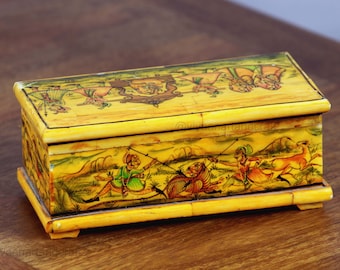 Antike Schmuckschatulle aus Knochen: Handbemalte Tigerjagd-Miniatur