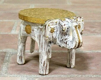 Small Handmade Wooden Elephant Stool: Rustic Home Room Decor with Brass Fittings