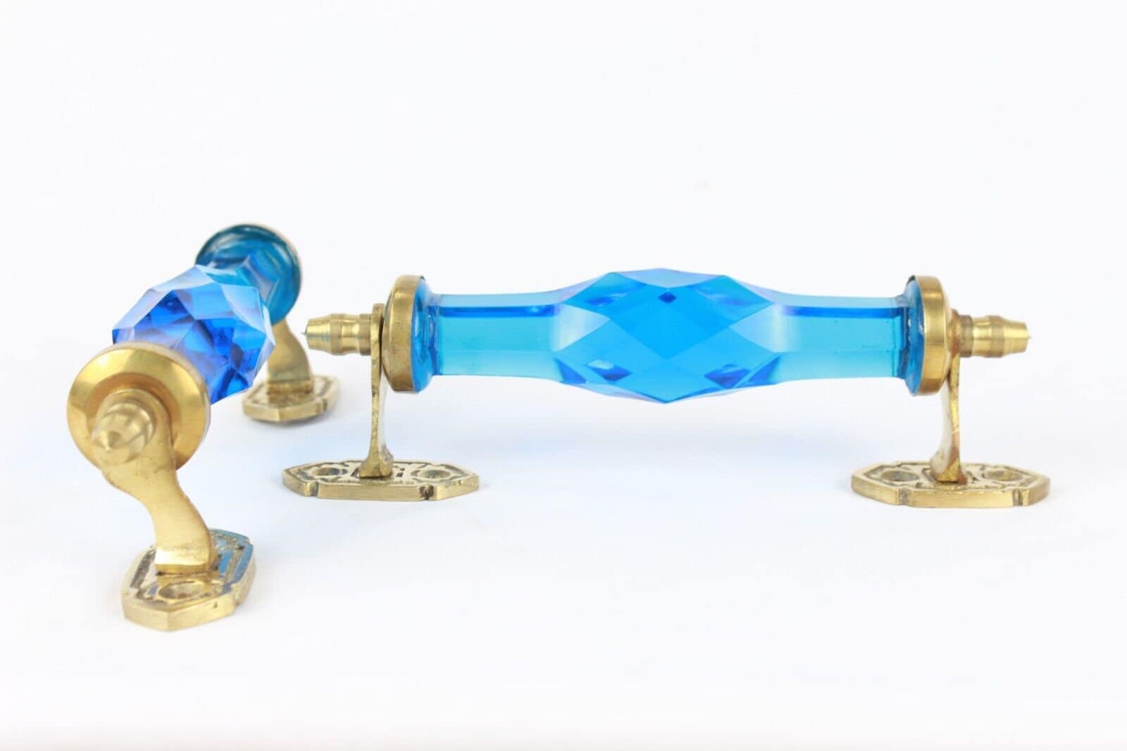 Paire De Poignées De Tiroir/porte En Verre Bleu Aqua - Style Victorien - Reproduction Ancienne