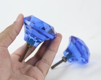 Vintage Blue Diamond Glass Drawer Pulls - Set of 2