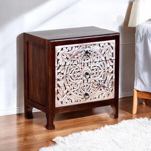 Handmade Mango Wood Nightstand: Carved Bedside Table with Drawers