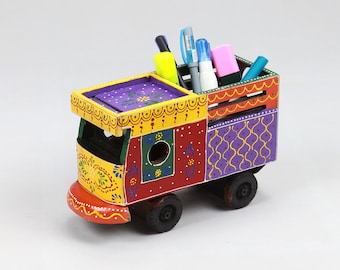 Hand-Painted Wooden Toy Truck: Colorful Kids Decor with Purple Roof