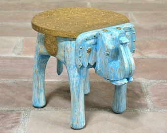 Rare Indian Wooden Elephant Stool: Hand-Carved and Painted, Home Decorative Pc