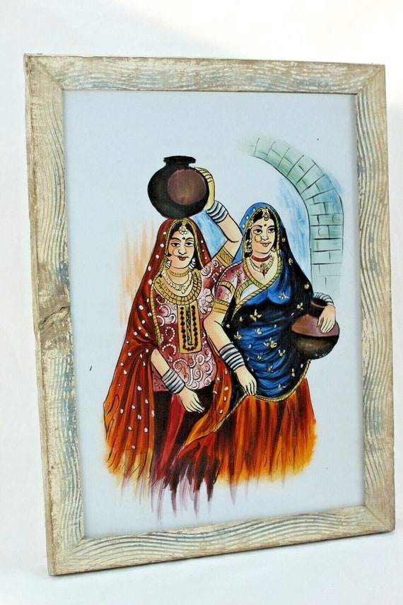 伝統の優雅さ：水を運ぶラジャスタンの女性を描いた逆ガラス絵 - Etsy 日本