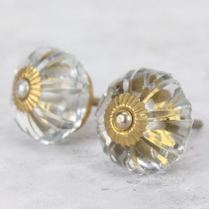 Crystal Flower Drawer Knob Set: Clear Glass with Brass Fittings
