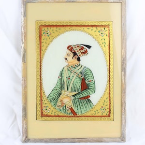Vintage Mughal Emperor Painting on Glass: Framed Indian Miniature Art