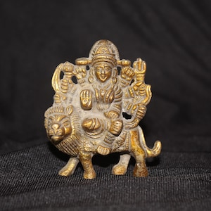 Vintage Brass Durga Maa Idol: Hindu Goddess Sculpture, Indian Religious Art