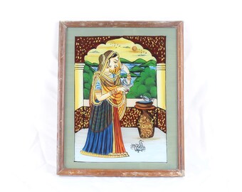 Indian miniatureインドの女性と鹿の絵画 インドの細密画：鹿と女性、自然アート（10.5x13.5インチ） - Etsy 日本