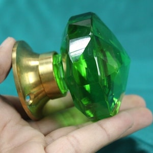Vintage Green Glass Door Knob: Elegant Victorian Style with Diamond Cut Design