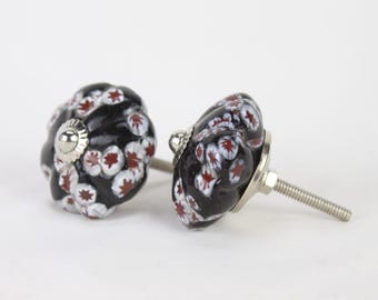 Black & White Floral Ceramic Cabinet Knobs: Vintage Style Drawer Pulls
