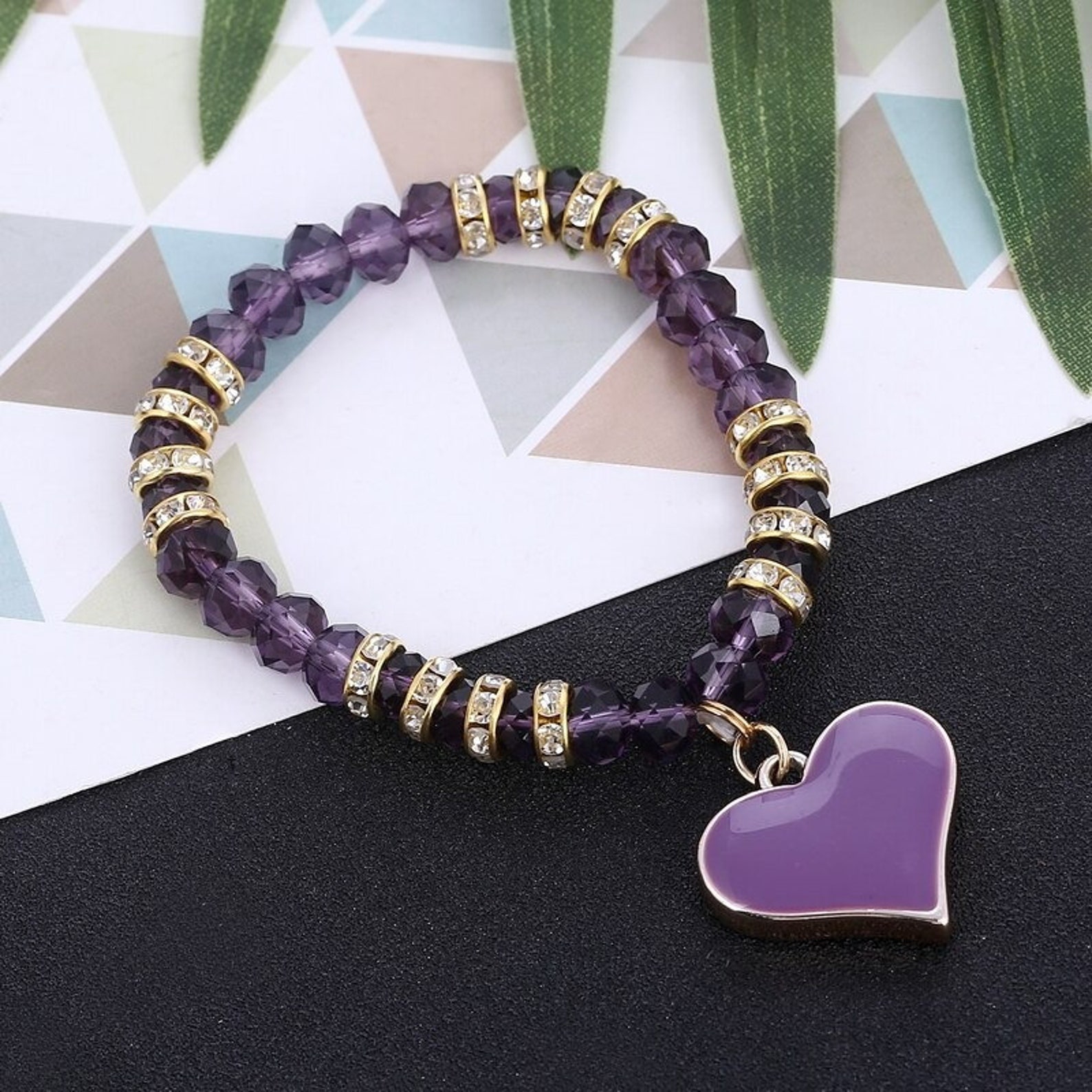 Purple Heart Bracelet Rhinestone Charm Beaded Bracelet Etsy