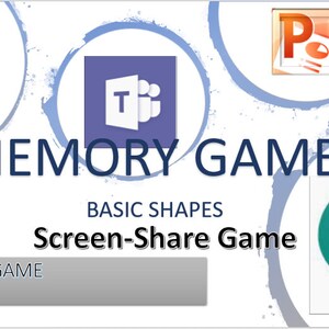 以下が含まれることがあります： 青い背景に、太字の黒い大きな文字で「MEMORY GAME」と書かれている。テキストの下には、より小さな黒い文字で「BASIC SHAPES Screen-Share Game」と書かれている。画像の左下には、灰色の長方形の中に「VIRTUAL GAME」というテキストが書かれている。ロゴが描かれた円が4つある。ロゴはZoom、Microsoft Teams、PowerPoint、Google Meetのものである。