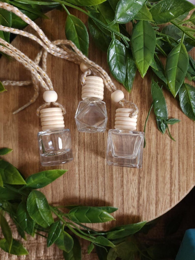 Op de afbeelding: Drie heldere glazen diffuserflessen met houten doppen en ophangkoorden. De flessen zijn leeg en staan op een houten oppervlak, omringd door groene bladeren. De flessen zijn klein en vierkant.