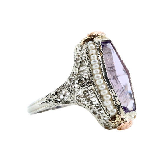 Sale! Art Deco Amethyst & Pearl Filigree Ring in … - image 2