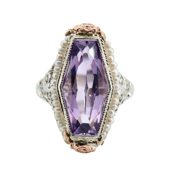 Sale! Art Deco Amethyst & Pearl Filigree Ring in … - image 1