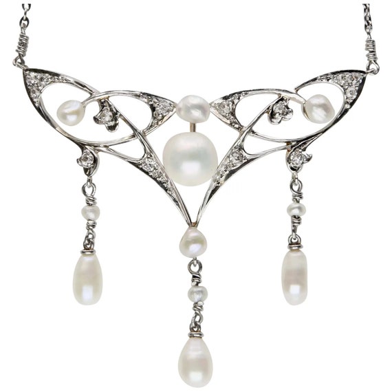 Edwardian Natural Pearl & Mine Cut Diamond Lavali… - image 1