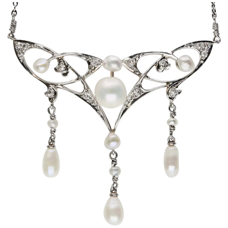 Edwardian Natural Pearl & Mine Cut Diamond Lavalier Necklace in Platinum, 14K Gold image 1