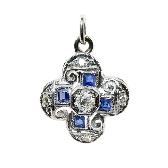 Sale! Floral Art Deco Diamond & Sapphire Charm in… - image 1
