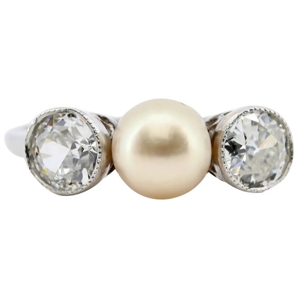 Sale! Edwardian Natural Pearl & Old European Cut Diamond Three Stone Ring in Platinum