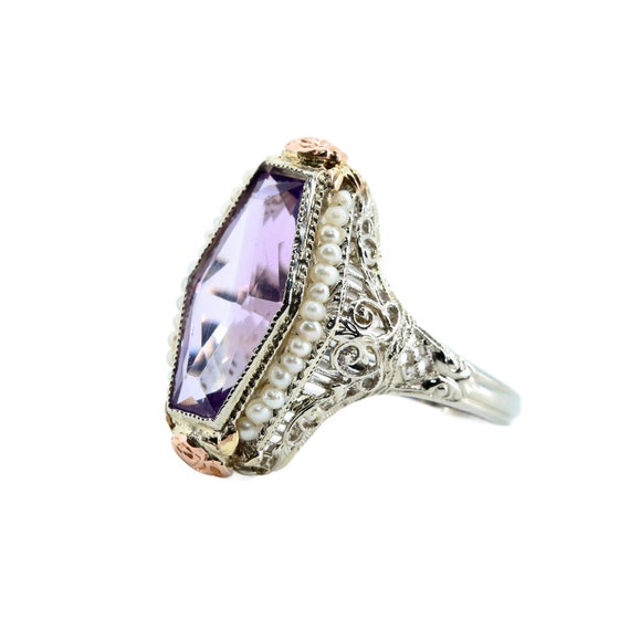 Sale! Art Deco Amethyst & Pearl Filigree Ring in … - image 3