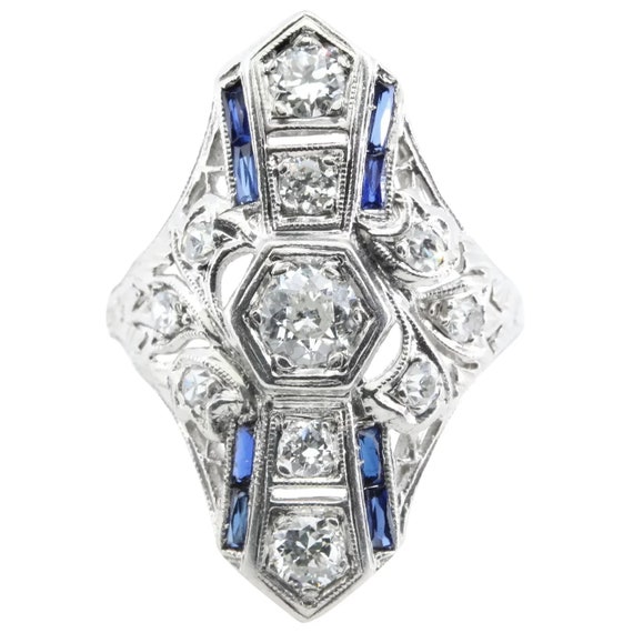 Art Deco Platinum, European Cut Diamond, & Sapphi… - image 1