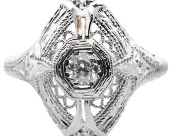 Art Deco Platinum & 0.34ctw Diamond Scroll Motif Filigree Ring