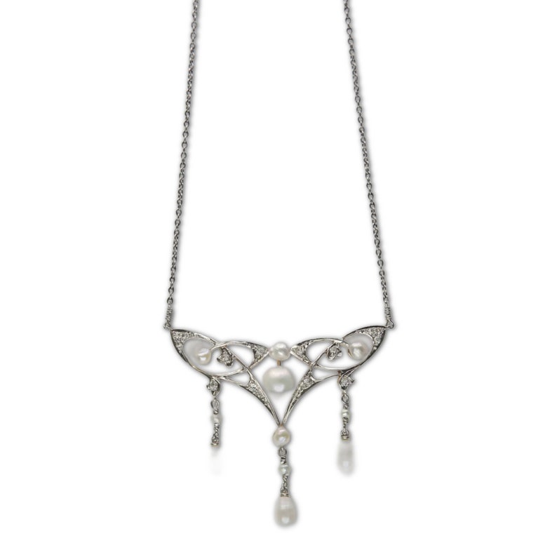 Edwardian Natural Pearl & Mine Cut Diamond Lavalier Necklace in Platinum, 14K Gold image 2