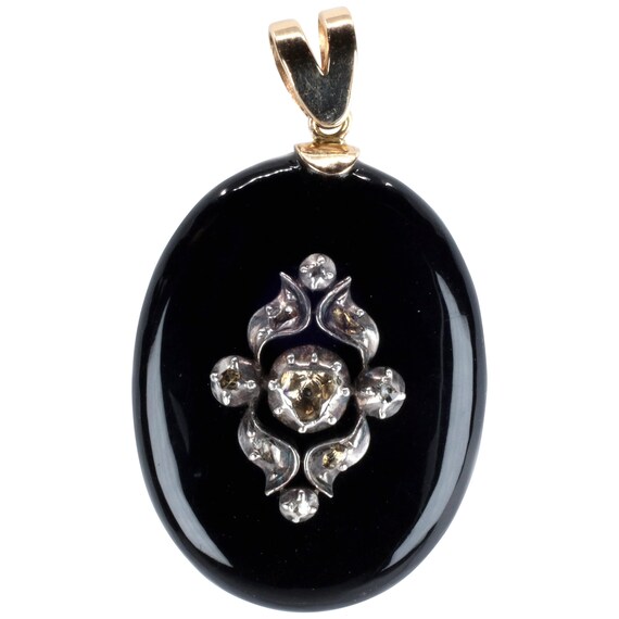 Victorian Onyx & Rose Cut Diamond Pendant in 14K … - image 1