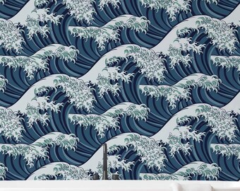 Great Wave Wallpaper: Navy Japanese Seascape, Coastal Decor