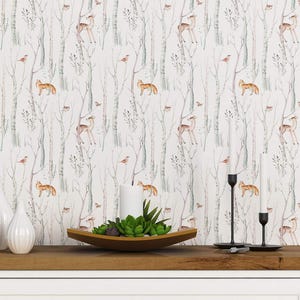 Papel pintado de animales del bosque / Marrón y verde, decoración de pared de bosque / Tradicional o despegable y pegable
