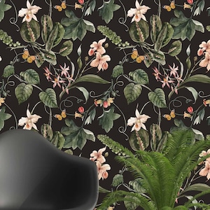 Dark Botanical Wallpaper | Black & Green, Botanical Wall Decor | Traditional or Peel and Stick