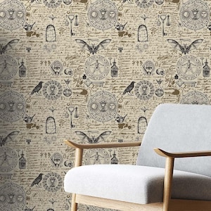 Mystic Symbols Wallpaper | Cream & Black, Gothic Wall Decor | Traditional or Peel and Stick