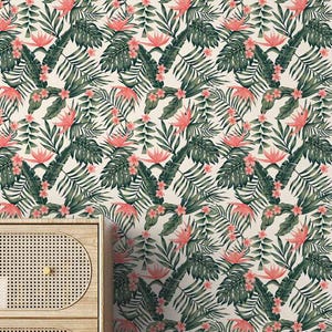 Tropical Floral Wallpaper | Green & Pink, Tropical Wall Decor | Traditional or Peel and Stick