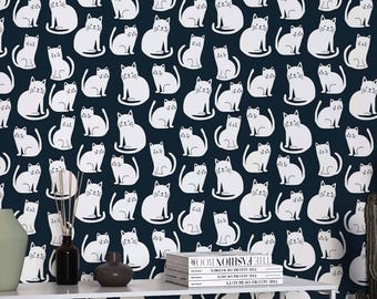 Sitting Cats Wallpaper: Navy & White Minimalist Cat Decor