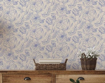 Periwinkle Petal Dance - Delicate Floral Line Art Wallpaper - Peel and Stick / Traditional Options