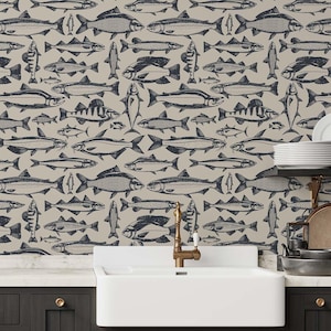 Freshwater Fish Wallpaper | Cream & Navy, Nautical Wall Decor | Traditional or Peel and Stick