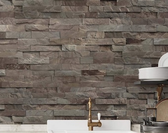 Papel tapiz de piedra apilada: decoración rústica de pared marrón y gris