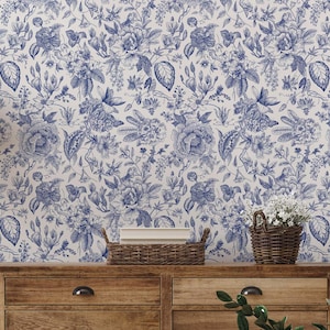 Floral Toile Wallpaper: Cream & Blue Vintage Floral Decor image 1
