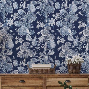 Floral Bouquet Wallpaper | Blue & White, Vintage Floral Wall Decor | Traditional or Peel and Stick