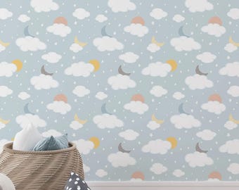 Clouds Sky Wallpaper: Blue & White Nursery Wall Decor