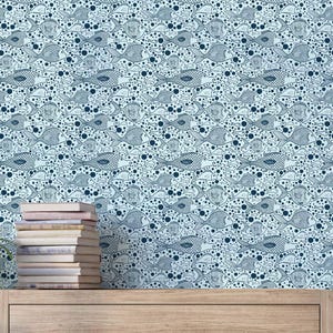 Doodle Fish Wallpaper | Blue & Navy, Nautical Wall Decor | Traditional or Peel and Stick