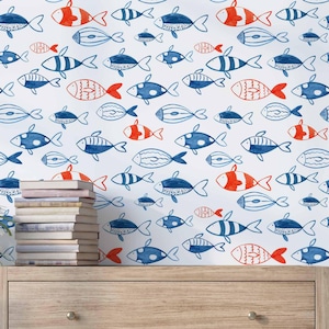 Fisch-Muster-Tapete | Blau & Rot, Nautische Wanddekoration | Traditionell oder Schälen und aufkleben