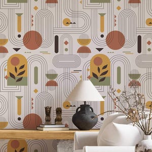 Abstract Geometric Wallpaper: Cream & Terracotta Mid-Century Modern Decor